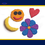 Foam clay shapes including smiley, heart, banana, and flower designs.