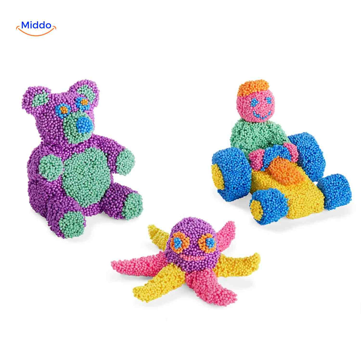 Foam clay toy creations including bear, car, and octopus characters.