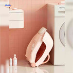 Folded foldable baby shampoo chair demonstrating space-saving storage for small bathrooms.