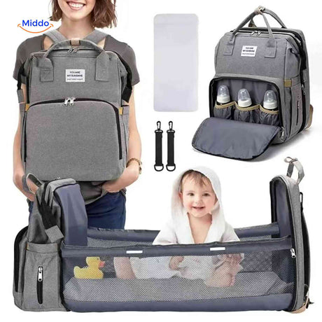 Diaper backpack with foldable bassinet and included foam mattress for newborns.