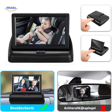 Foldable baby car monitor displaying clear backseat view of infant.