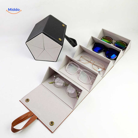 Black 6-slot foldable eyeglasses case shown with multiple pairs of glasses on display.
