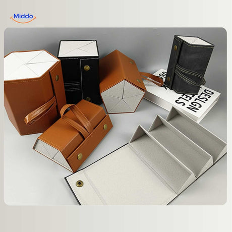 Overview of the caramel and black foldable eyeglasses case collection showing all fold models.