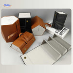 Overview of the caramel and black foldable eyeglasses case collection showing all fold models.