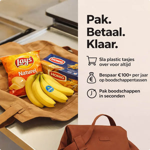 AllesTas foldable grocery bag in compact sealed package ready for purchase.