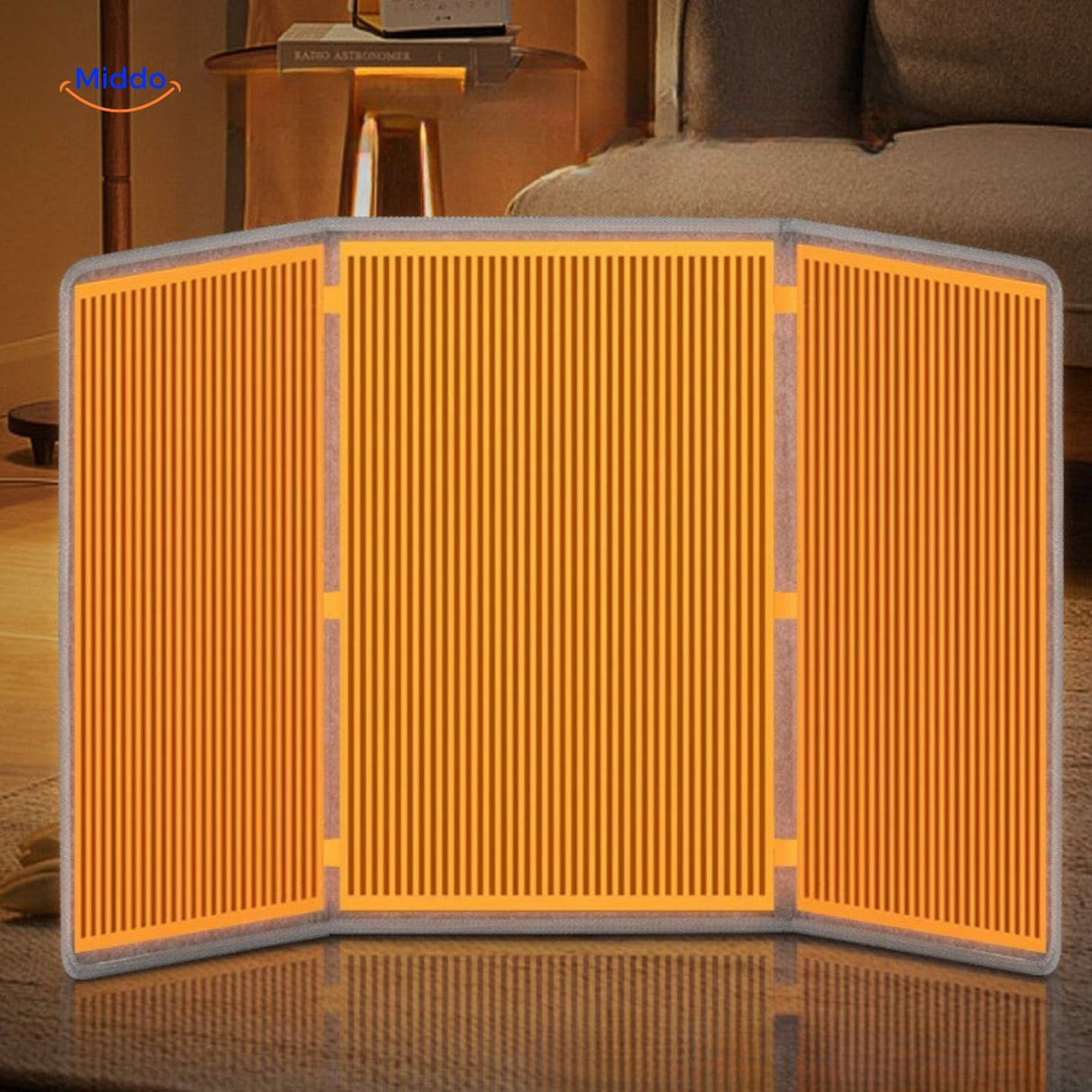 Compact foldable infrared warmer for convenient portable heating.