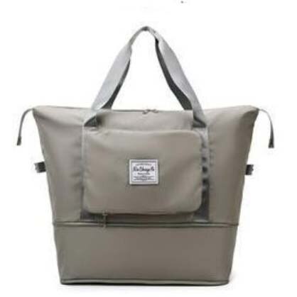 Gray expandable travel tote made from lightweight waterproof oxford fabric.