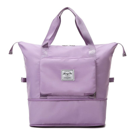 Purple expandable waterproof travel tote with oxford fabric and foldable design.