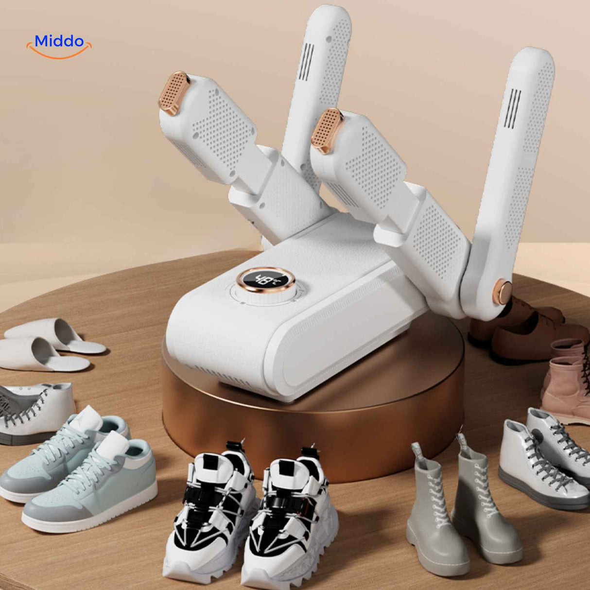 Multifunctional foldable shoe dryer suitable for all shoe types.
