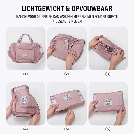 Collapsible expandable travel bag with multiple storage compartments and functions.