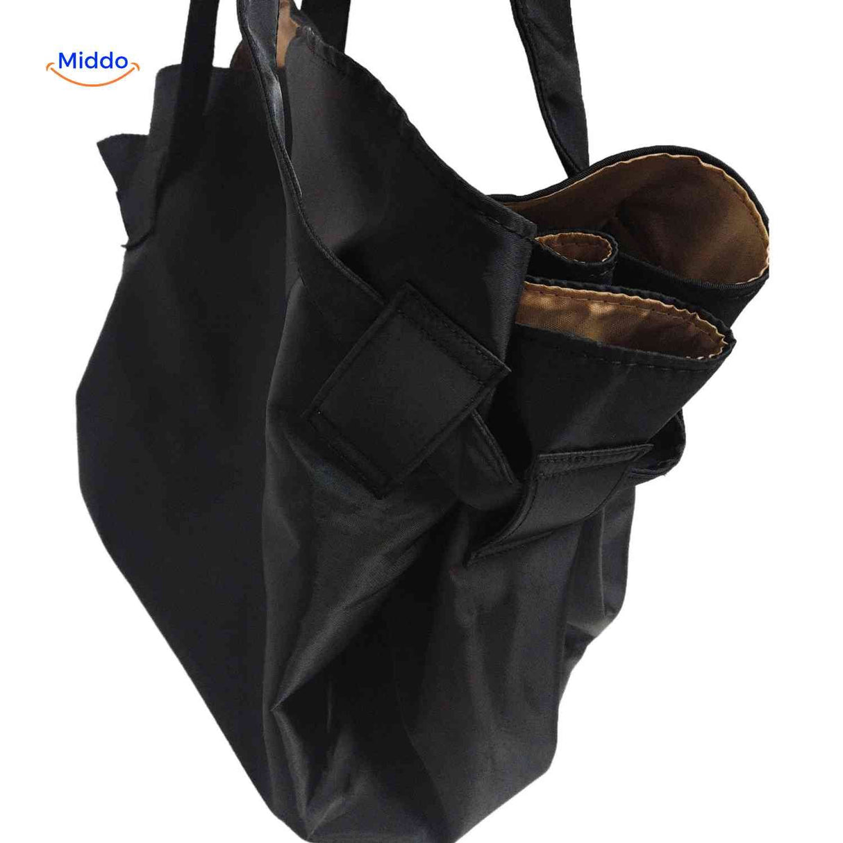 Foldable women's handbag with spacious main compartment for storage.