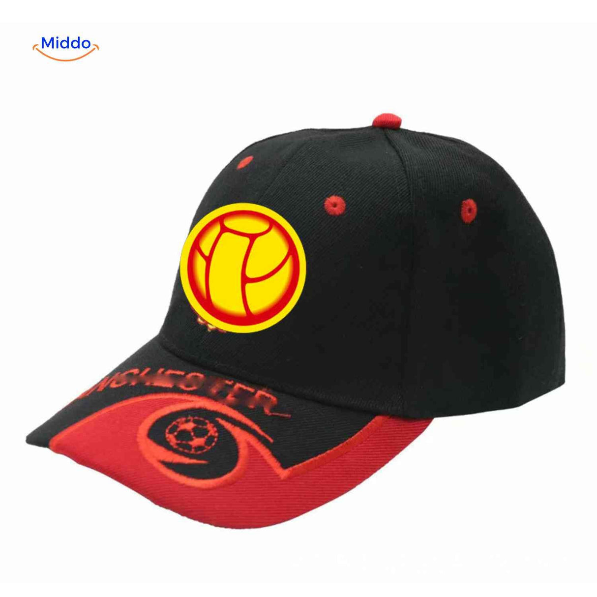 Soccer cap featuring embroidered team logo and adjustable strap.