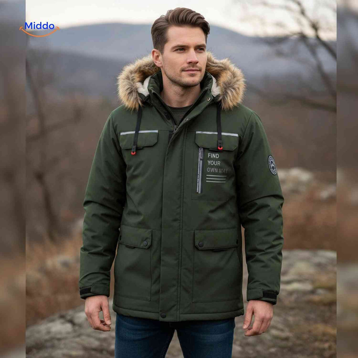 Dark green outdoor men's jacket with fur collar and hand pockets.