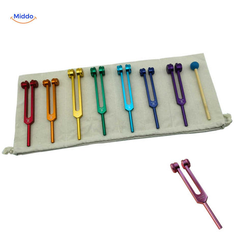 Tuning fork set variety showing different frequencies and color options.