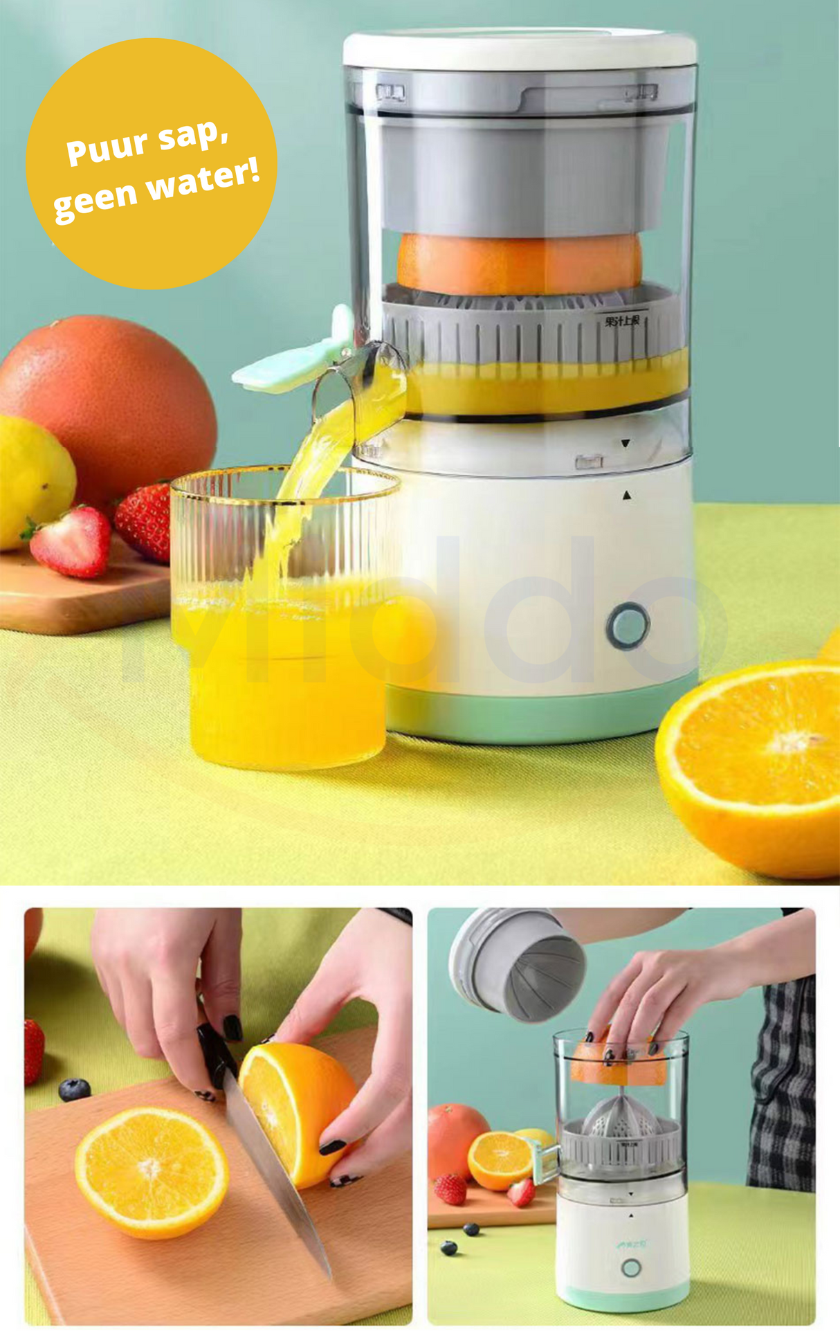 Fresh pressed juice flowing from cordless electric juicer into glass.