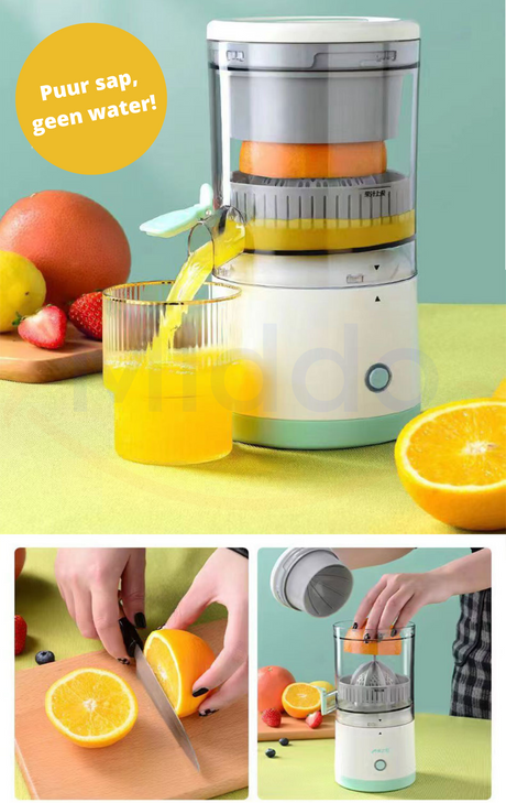 Fresh pressed juice flowing from cordless electric juicer into glass.