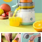 Fresh pressed juice flowing from cordless electric juicer into glass.