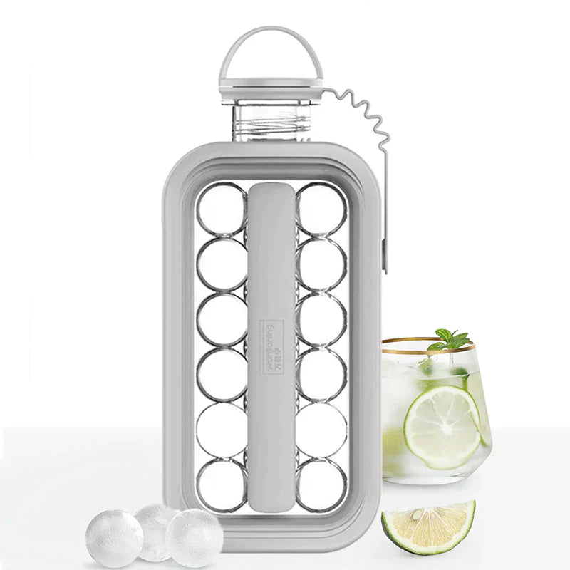 FrostyBalls transparent water bottle showing ice ball maker feature.
