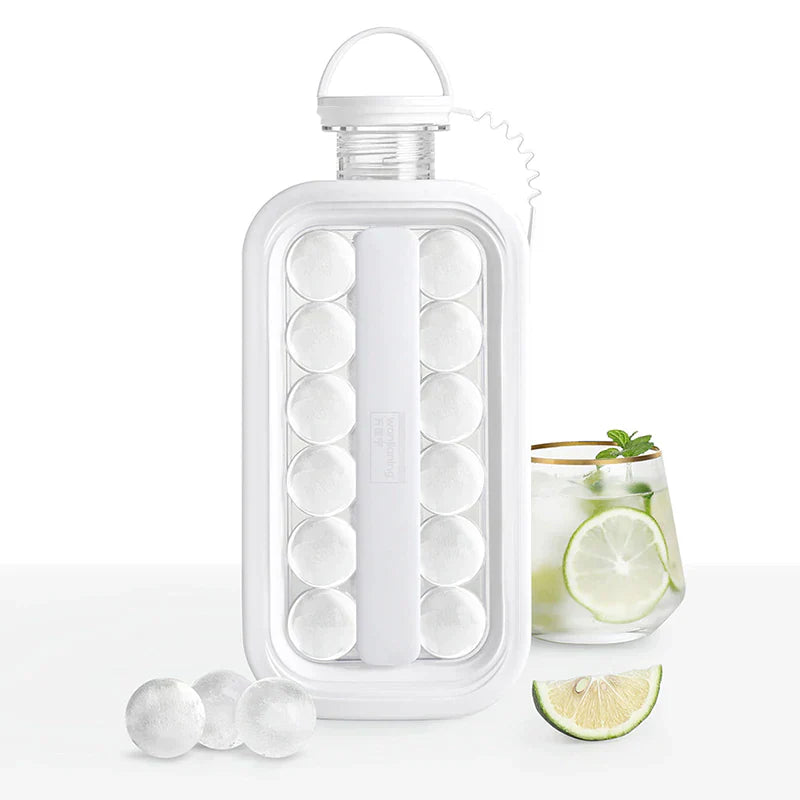 FrostyBalls transparent water bottle with ice balls and lime slice.