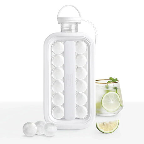 FrostyBalls transparent water bottle with ice balls and lime slice.