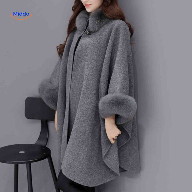 Furina wool cape coat in gray with elegant faux-fur collar trim and comfortable fit.