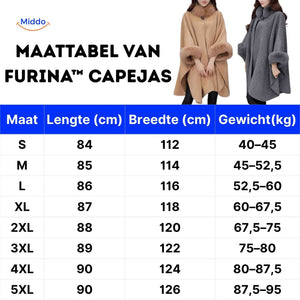 Furina wool cape coat size chart showing measurements, length, width, and weight specifications.