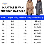 Furina wool cape coat size chart showing measurements, length, width, and weight specifications.