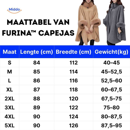 Furina wool cape coat size chart showing measurements, length, width, and weight specifications.