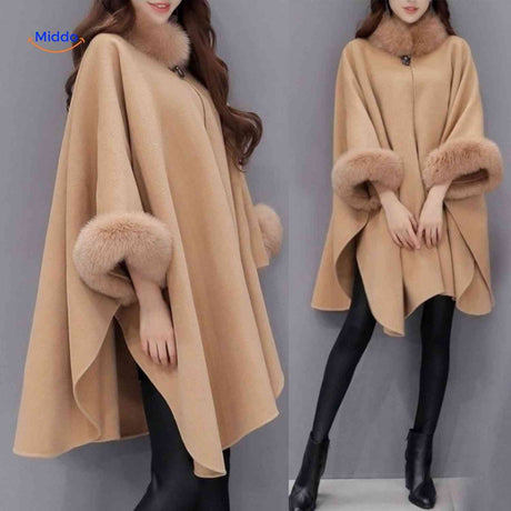 Furina elegant winter wool cape coat with faux-fur collar worn as a warm, sophisticated layer.