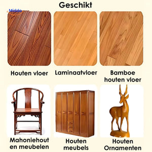 Furniture scratch remover balm applied across various leather and wood surfaces.