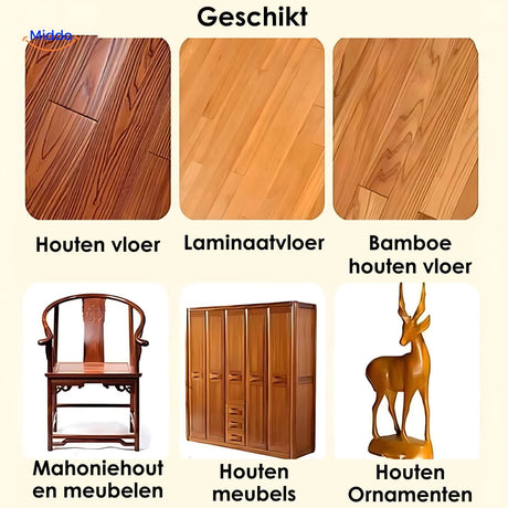 Furniture scratch remover balm applied across various leather and wood surfaces.