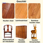 Furniture scratch remover balm applied across various leather and wood surfaces.