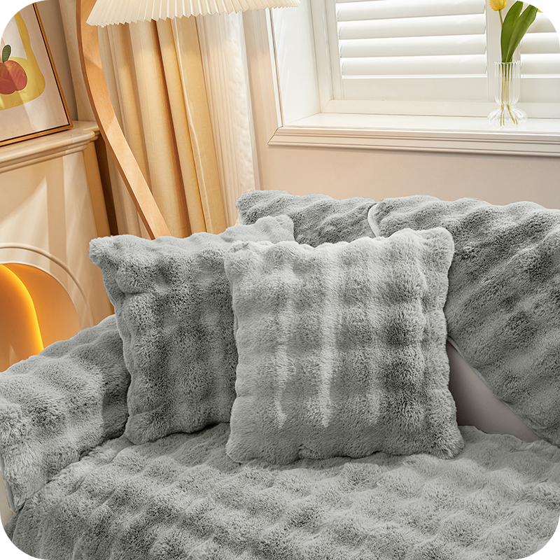 Complete gray plush bundle with furniture covers, pillows and blanket for ultimate comfort.