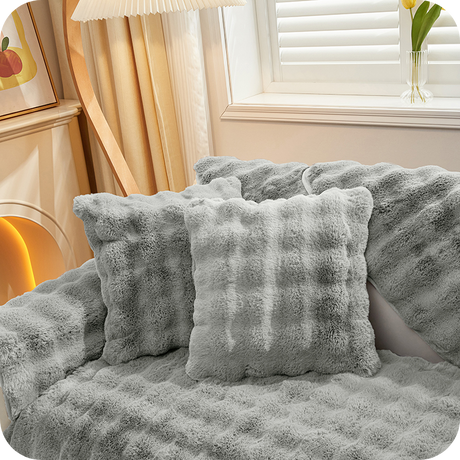 Complete gray plush bundle with furniture covers, pillows and blanket for ultimate comfort.