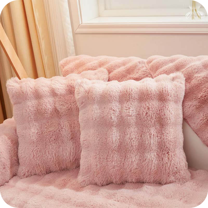 Complete pink plush bundle with furniture covers, pillows and blanket set for warmth.