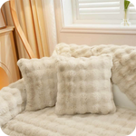 Complete white plush bundle with sofa covers, pillows and blanket for cozy living.