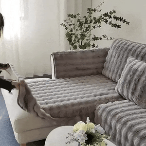 Gray luxury plush covers featuring non-slip backing for secure, wrinkle-free furniture fit.