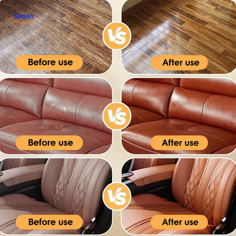 Wood floor, leather sofa, and car seat before and after Furnituresalve™