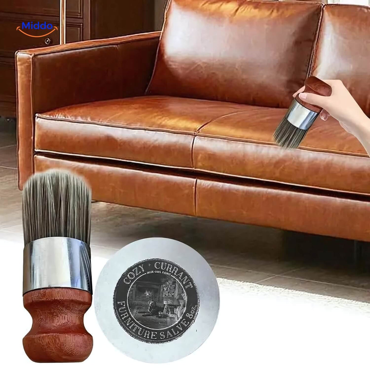 Furnituresalve™ and brush beside a leather sofa