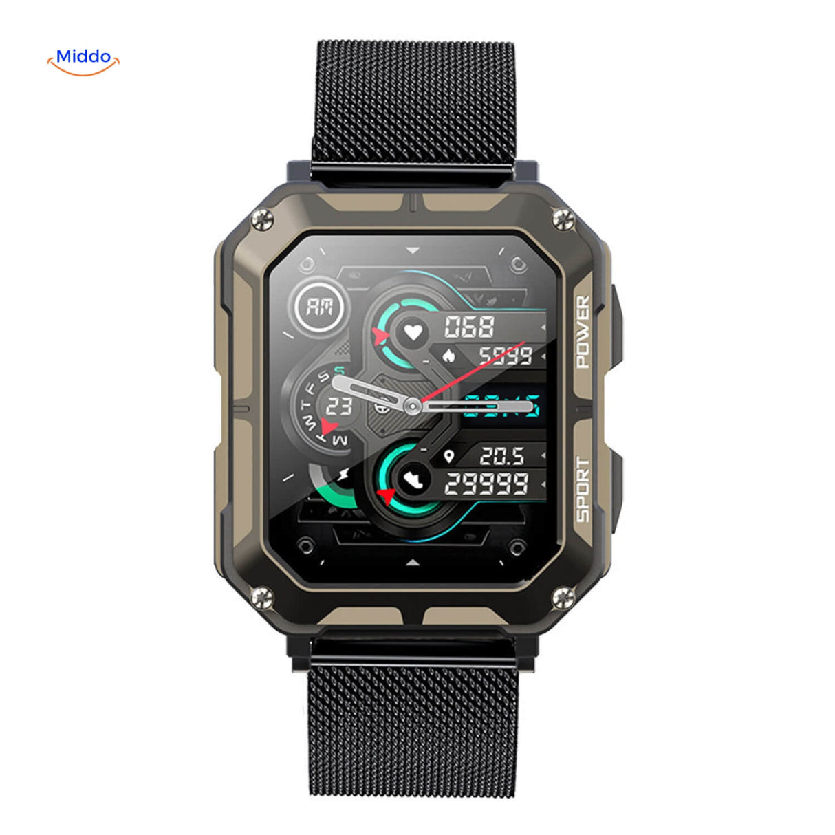 Black rugged smartwatch with durable construction, waterproof and long battery life.