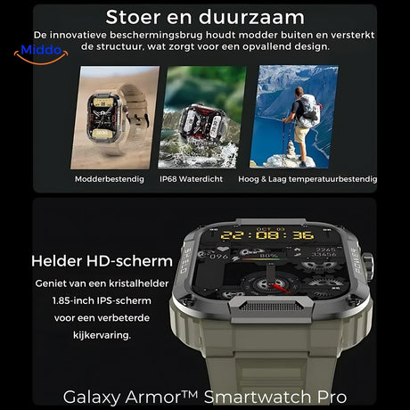 Army green Galaxy Armor Pro rugged smartwatch, tough and durable design for everyday use.