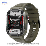 Galaxy Armor Pro in army green, rugged smartwatch with indestructible design for outdoor use.