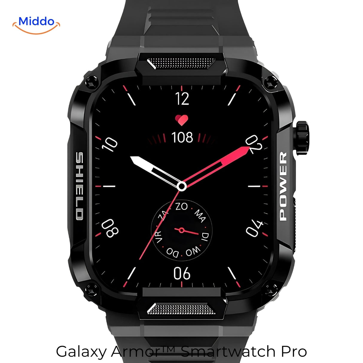 Galaxy Armor Pro black smartwatch display showing full screen interface and features.