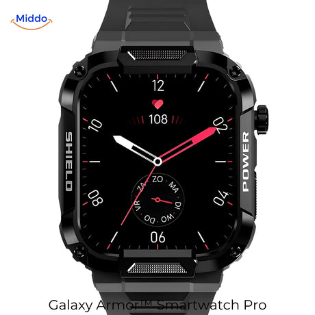 Galaxy Armor Pro black smartwatch display showing full screen interface and features.