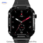 Galaxy Armor Pro black smartwatch display showing full screen interface and features.