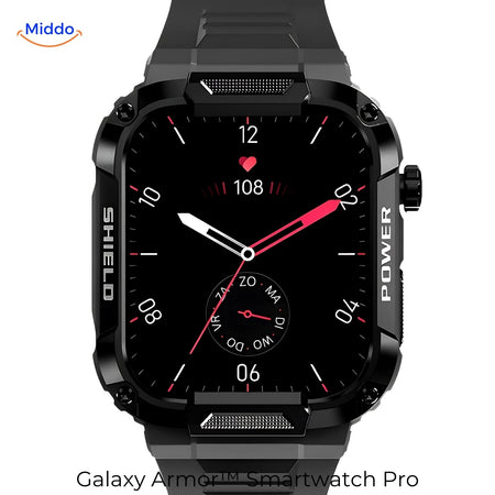 Galaxy Armor Pro black smartwatch display showing full screen interface and features.