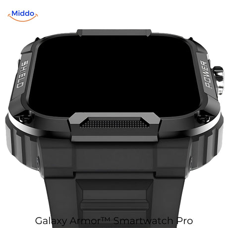Galaxy Armor Pro black display showing smartwatch interface, featuring notifications and health tracking.