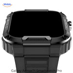 Galaxy Armor Pro black display showing smartwatch interface, featuring notifications and health tracking.