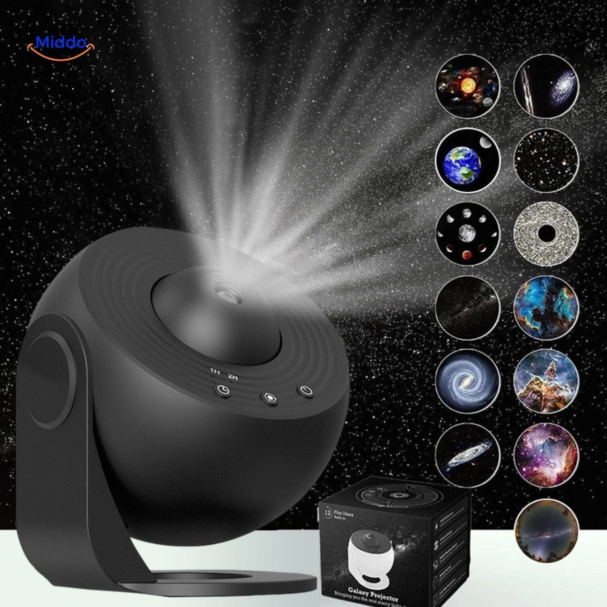 StarGlow projector lamp in black with space-themed light slides for night ambiance.