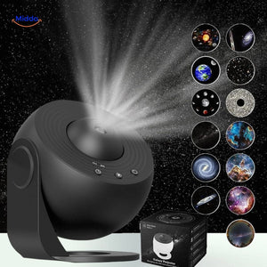 StarGlow projector lamp in black with space-themed light slides for night ambiance.